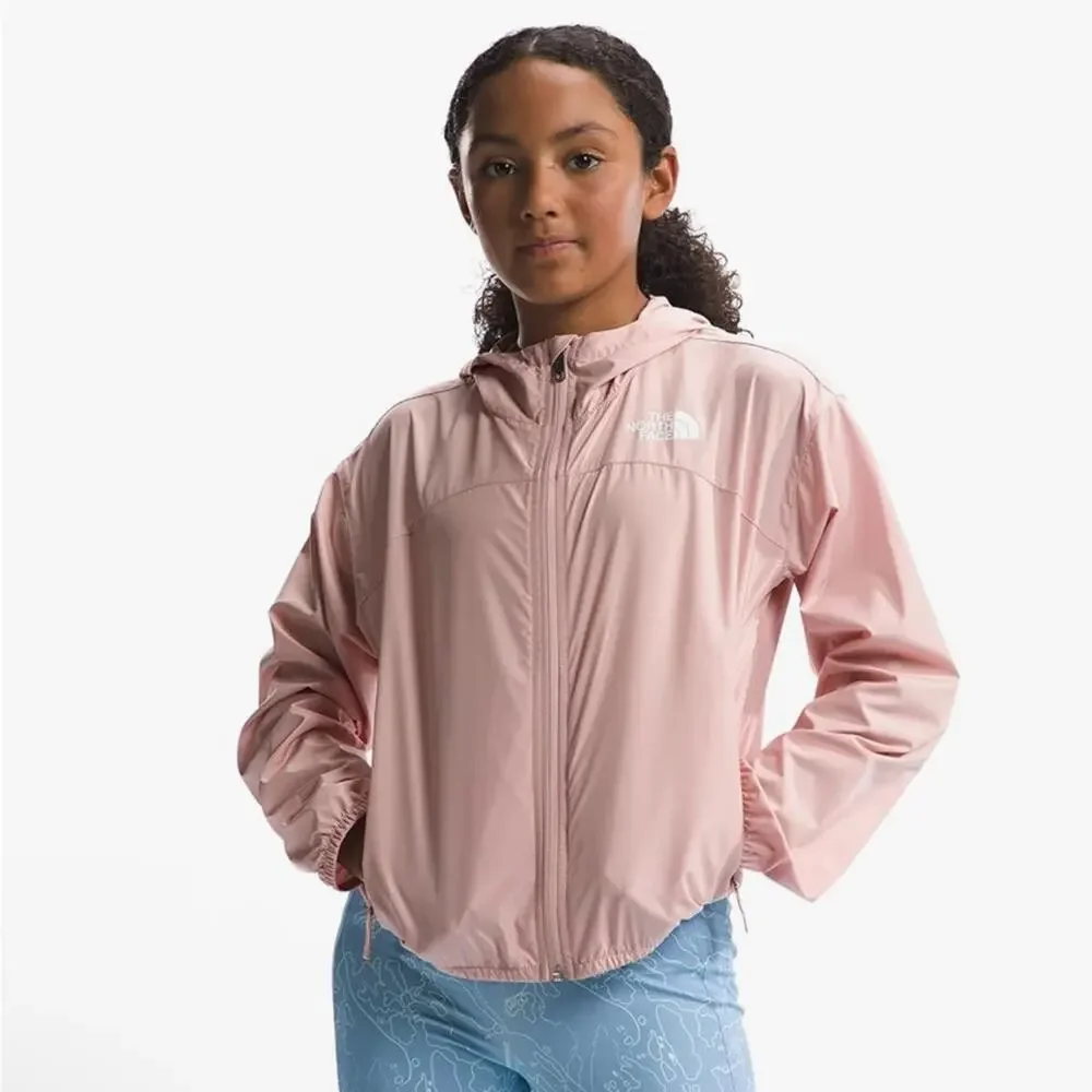 The North Face Girls' Never Stop Hooded Windwall Jacket in Pink Moss Size L